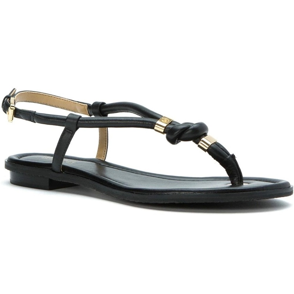 Michael Kors Black T Strap Thong Sandals Gold MK Logo Womens 8.5 Est NWOB - Picture 4 of 8